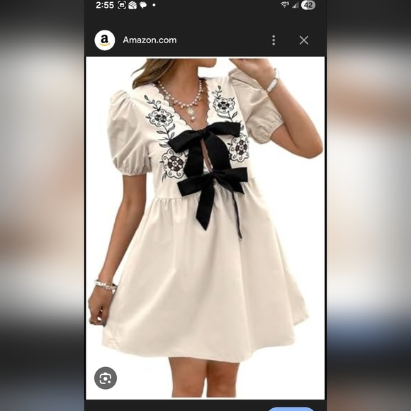 NWT Adorable Ecru Mini Dress with Black Embroidery and Bows - Picture 3 of 3